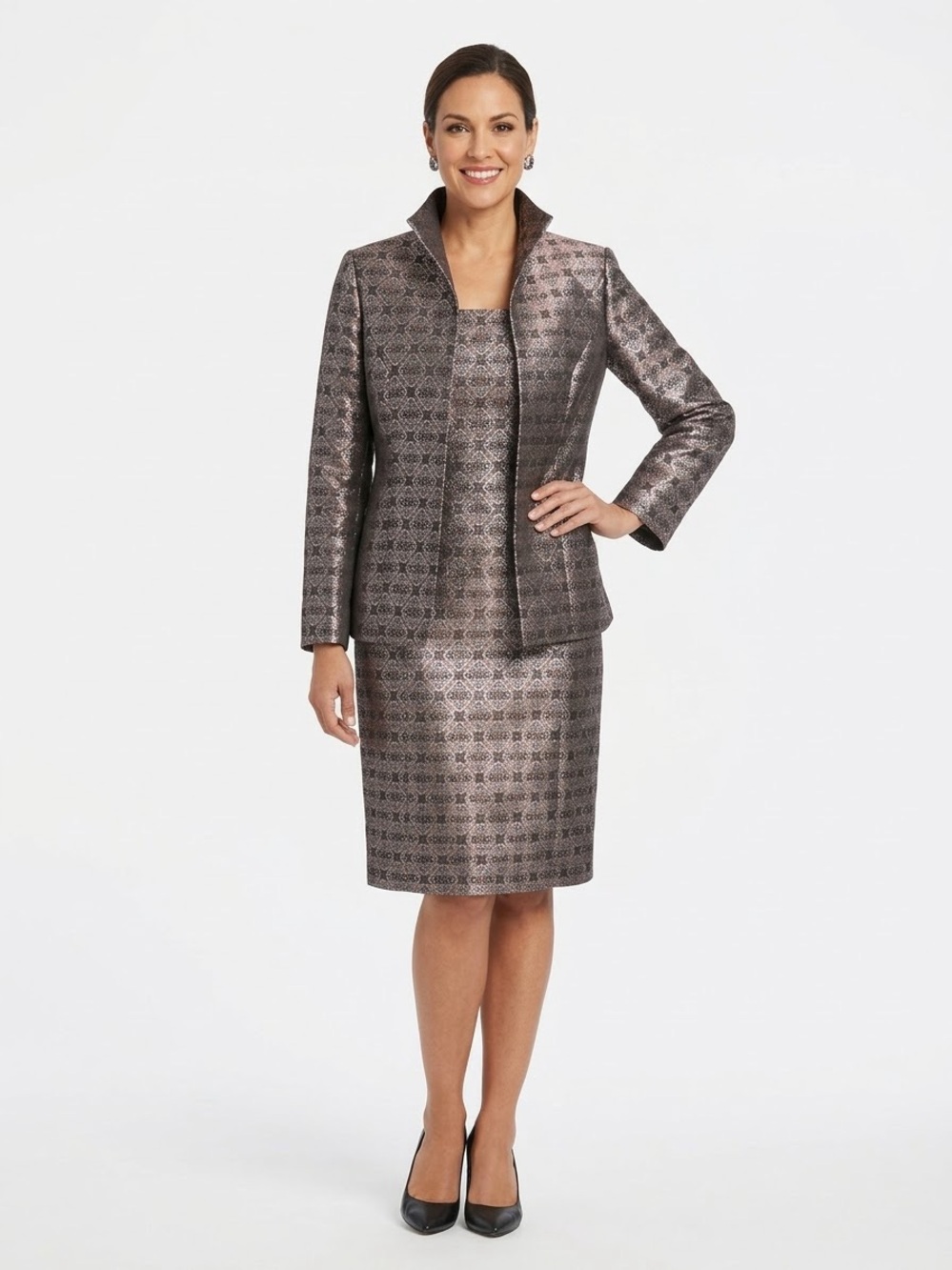 Vintage-Victor Costa Metallic Brocade 2-Piece Dress & Jacket Suit Set, Size 12